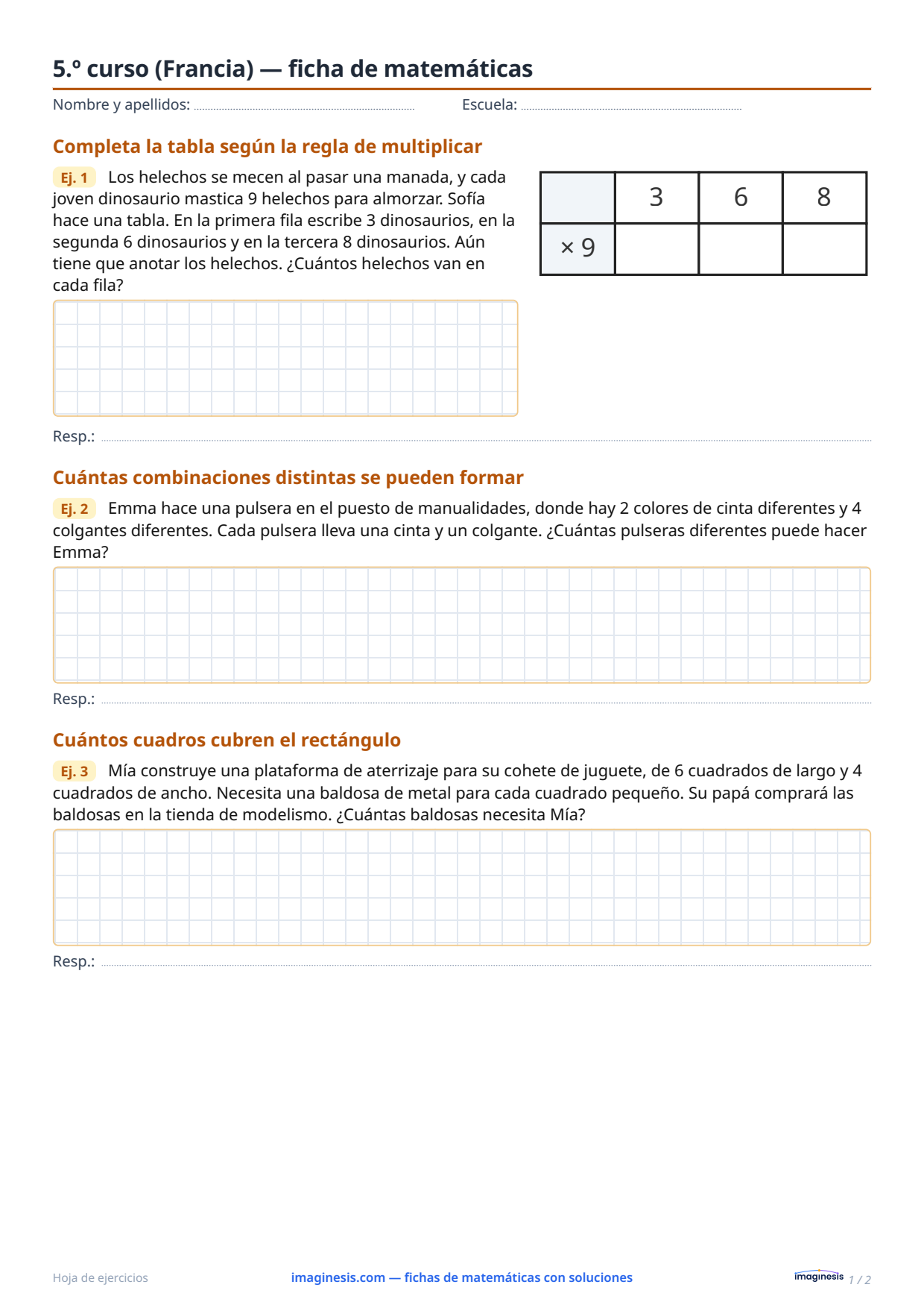 5.º curso (Francia) — ficha de matemáticas — Ficha del alumno: ficha de matemáticas para imprimir (5.º curso, Francia)