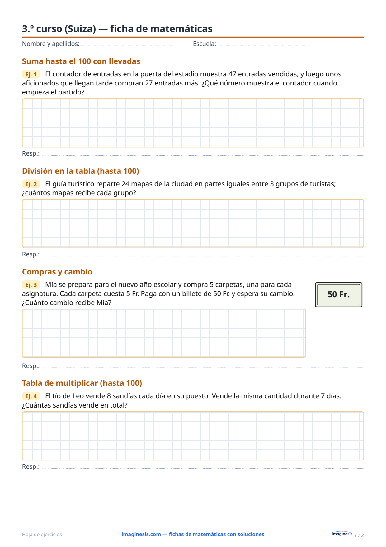 3.º curso (Suiza) — ficha de matemáticas — Ficha del alumno: ficha de matemáticas para imprimir (3.º curso, Suiza)