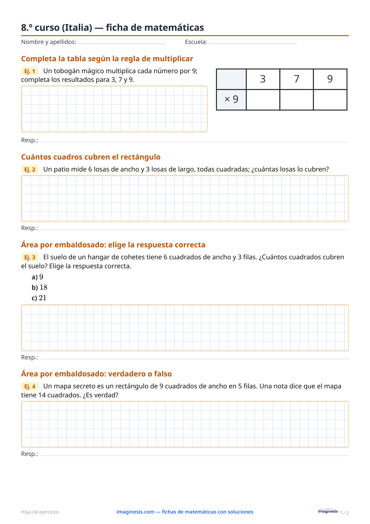 8.º curso (Italia) — ficha de matemáticas — Ficha del alumno: ficha de matemáticas para imprimir (8.º curso, Italia)