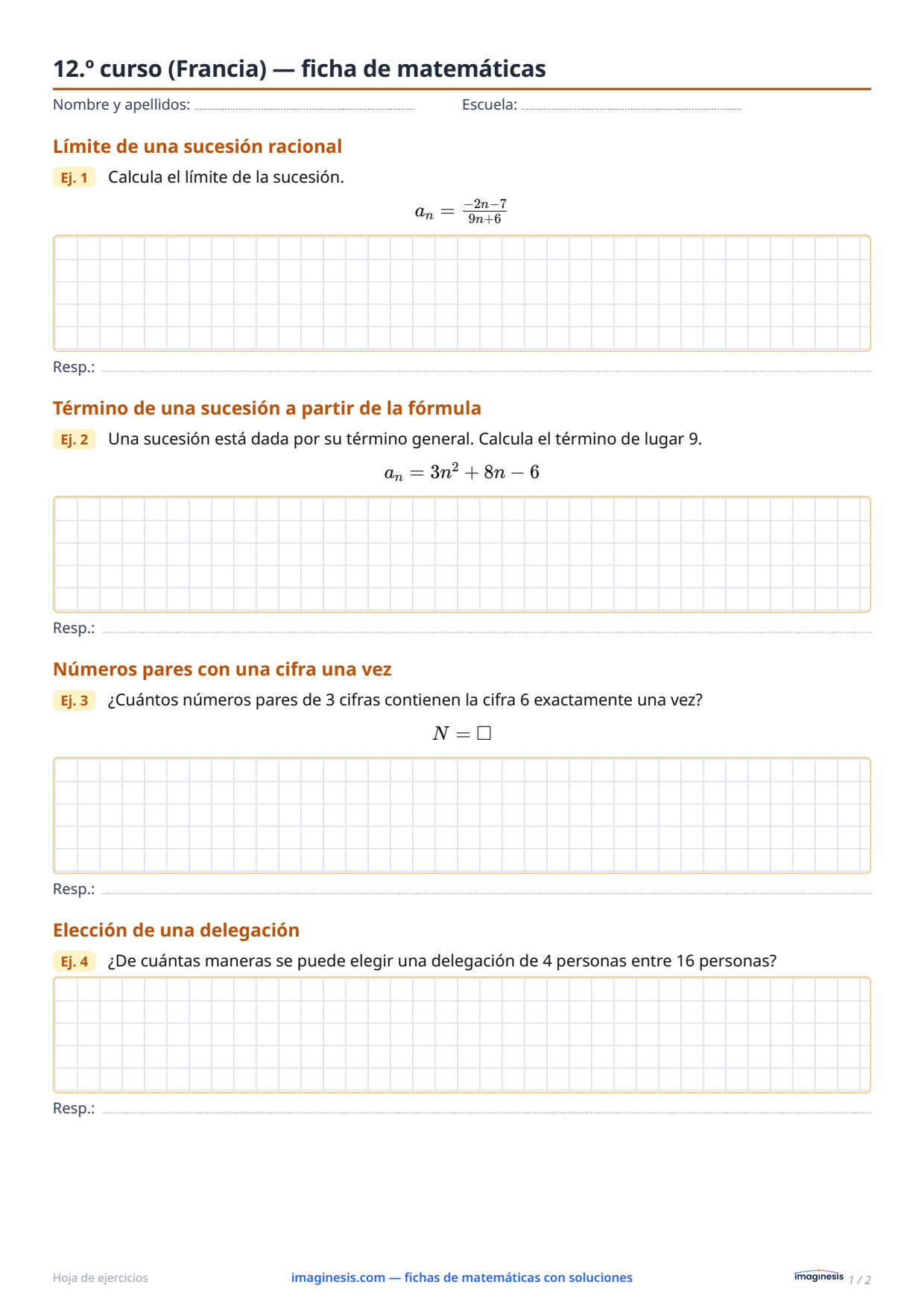 12.º curso (Francia) — ficha de matemáticas — Ficha del alumno: ficha de matemáticas para imprimir (12.º curso, Francia)