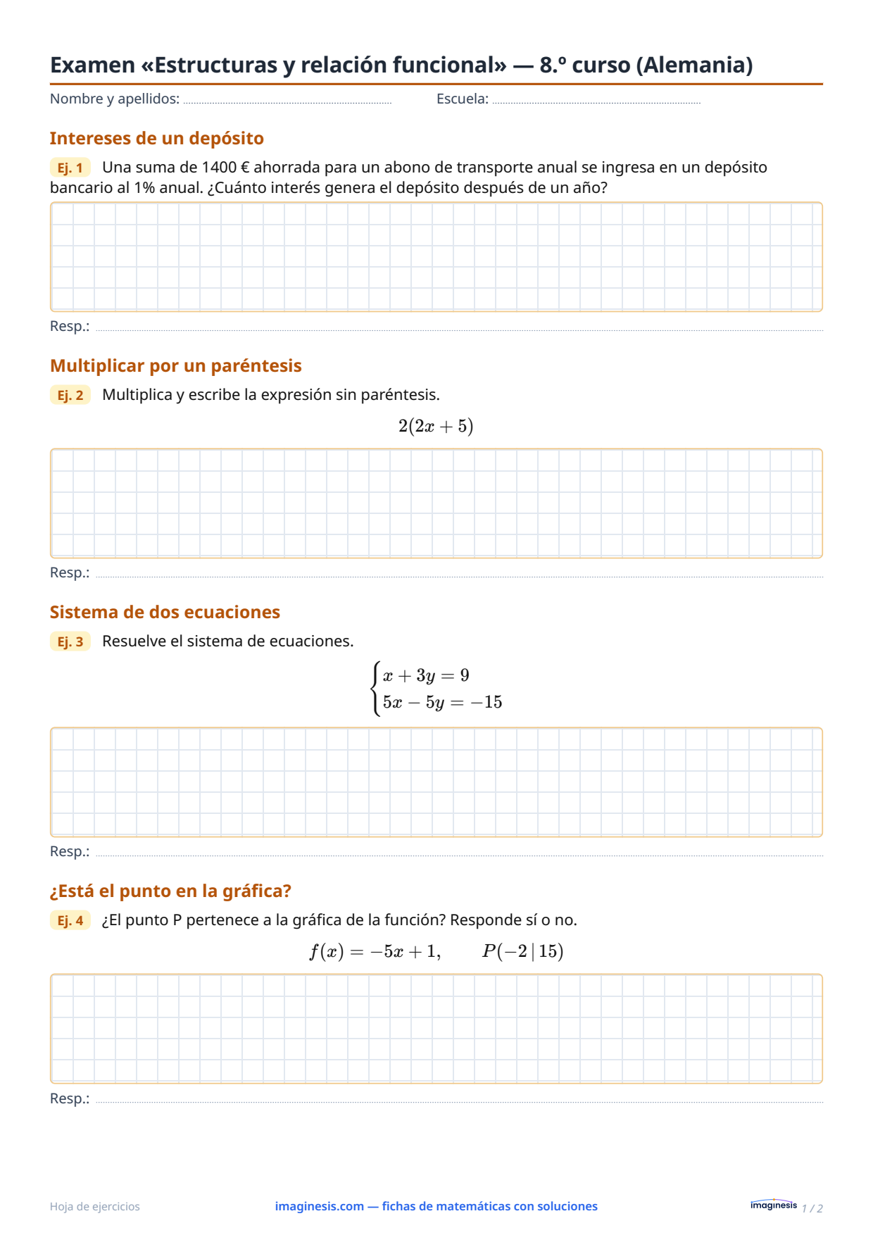 Examen «Estructuras y relación funcional» — 8.º curso (Alemania) — Ficha del alumno: ficha de matemáticas para imprimir (8.º curso, Alemania)