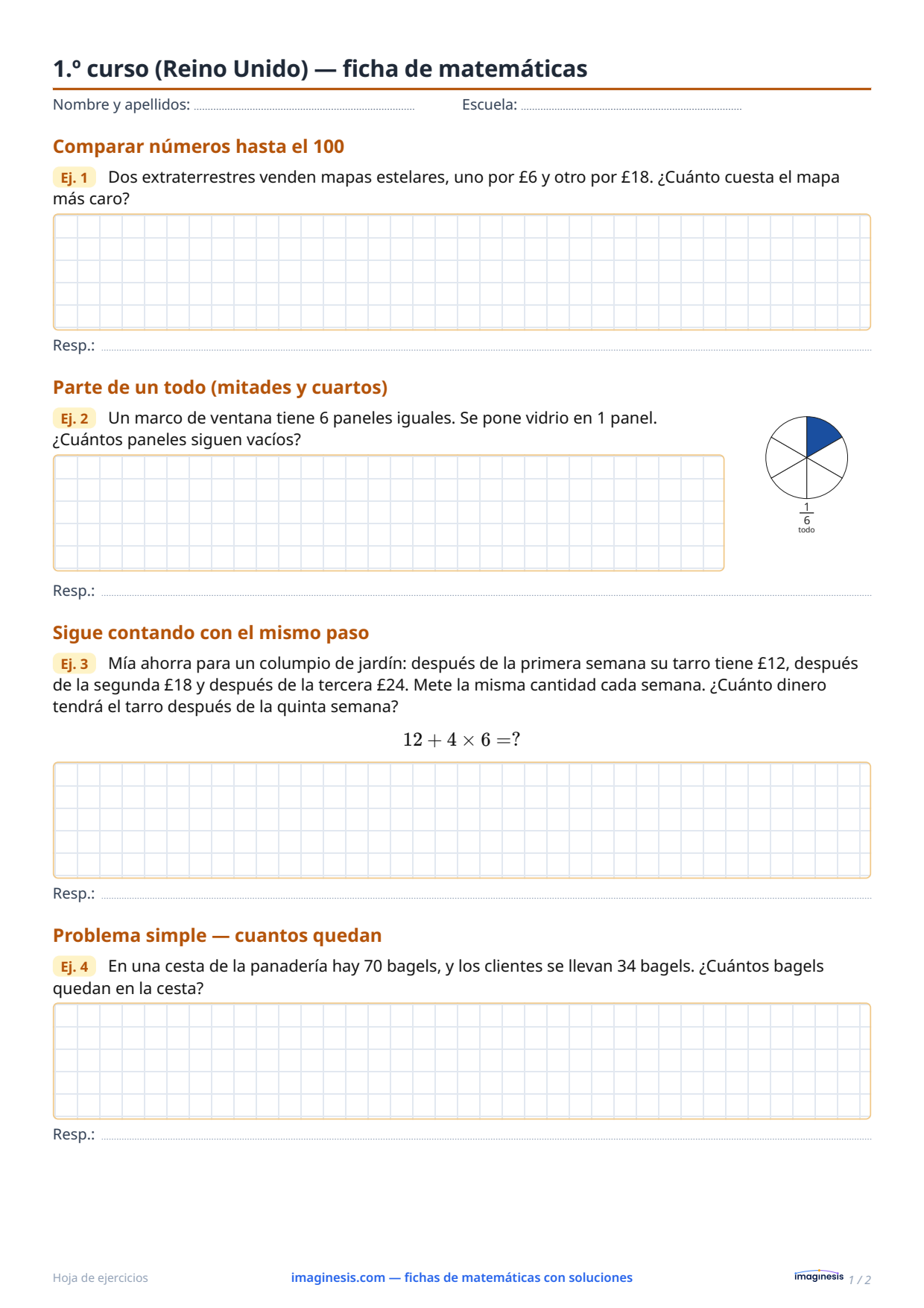 1.º curso (Reino Unido) — ficha de matemáticas — Ficha del alumno: ficha de matemáticas para imprimir (1.º curso, Reino Unido)