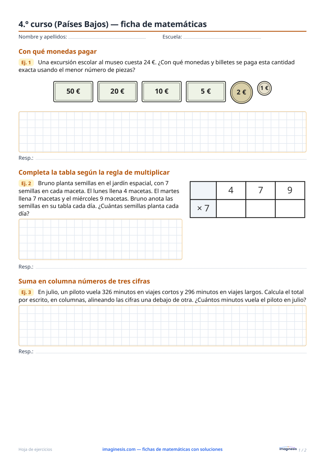 4.º curso (Países Bajos) — ficha de matemáticas — Ficha del alumno: ficha de matemáticas para imprimir (4.º curso, Países Bajos)