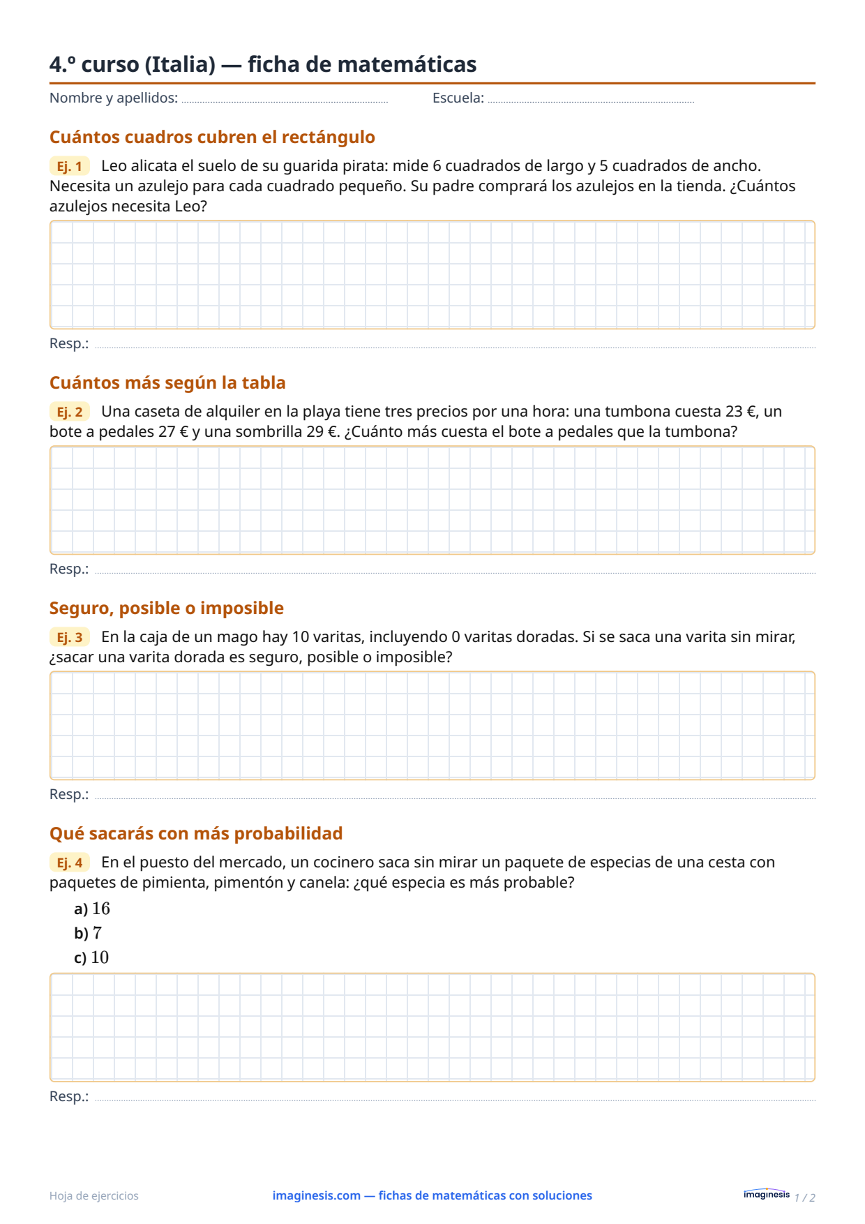 4.º curso (Italia) — ficha de matemáticas — Ficha del alumno: ficha de matemáticas para imprimir (4.º curso, Italia)