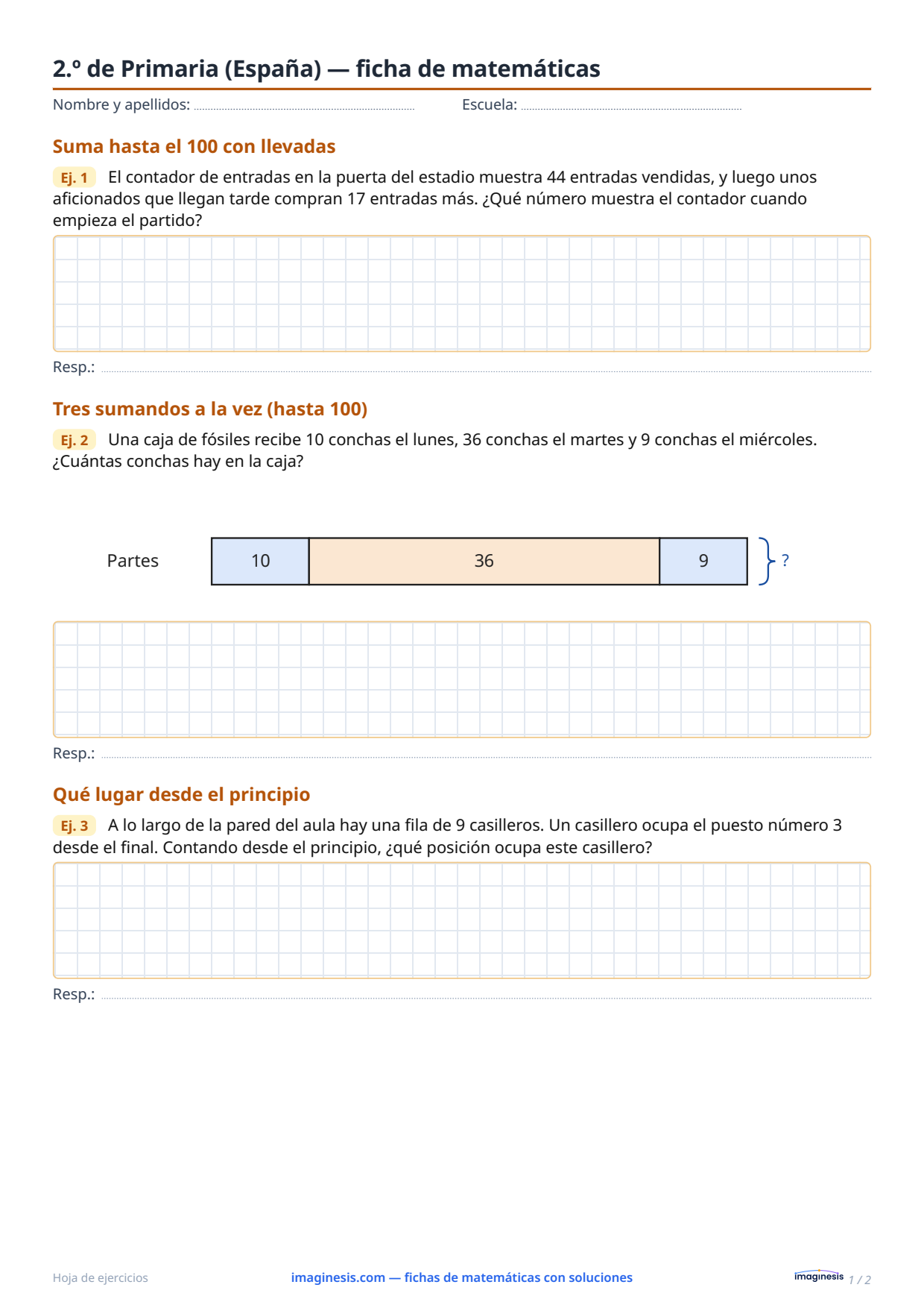 2.º de Primaria (España) — ficha de matemáticas — Ficha del alumno: ficha de matemáticas para imprimir (2.º de Primaria, España)