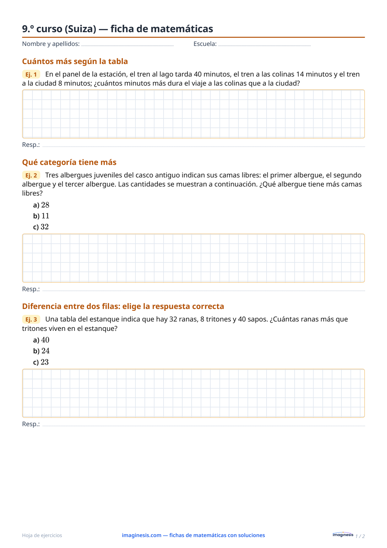 9.º curso (Suiza) — ficha de matemáticas — Ficha del alumno: ficha de matemáticas para imprimir (9.º curso, Suiza)