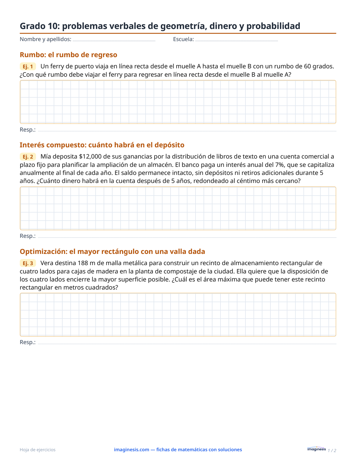 Grado 10: problemas verbales de geometría, dinero y probabilidad — Ficha del alumno: ficha de matemáticas para imprimir (10.º curso, Estados Unidos)