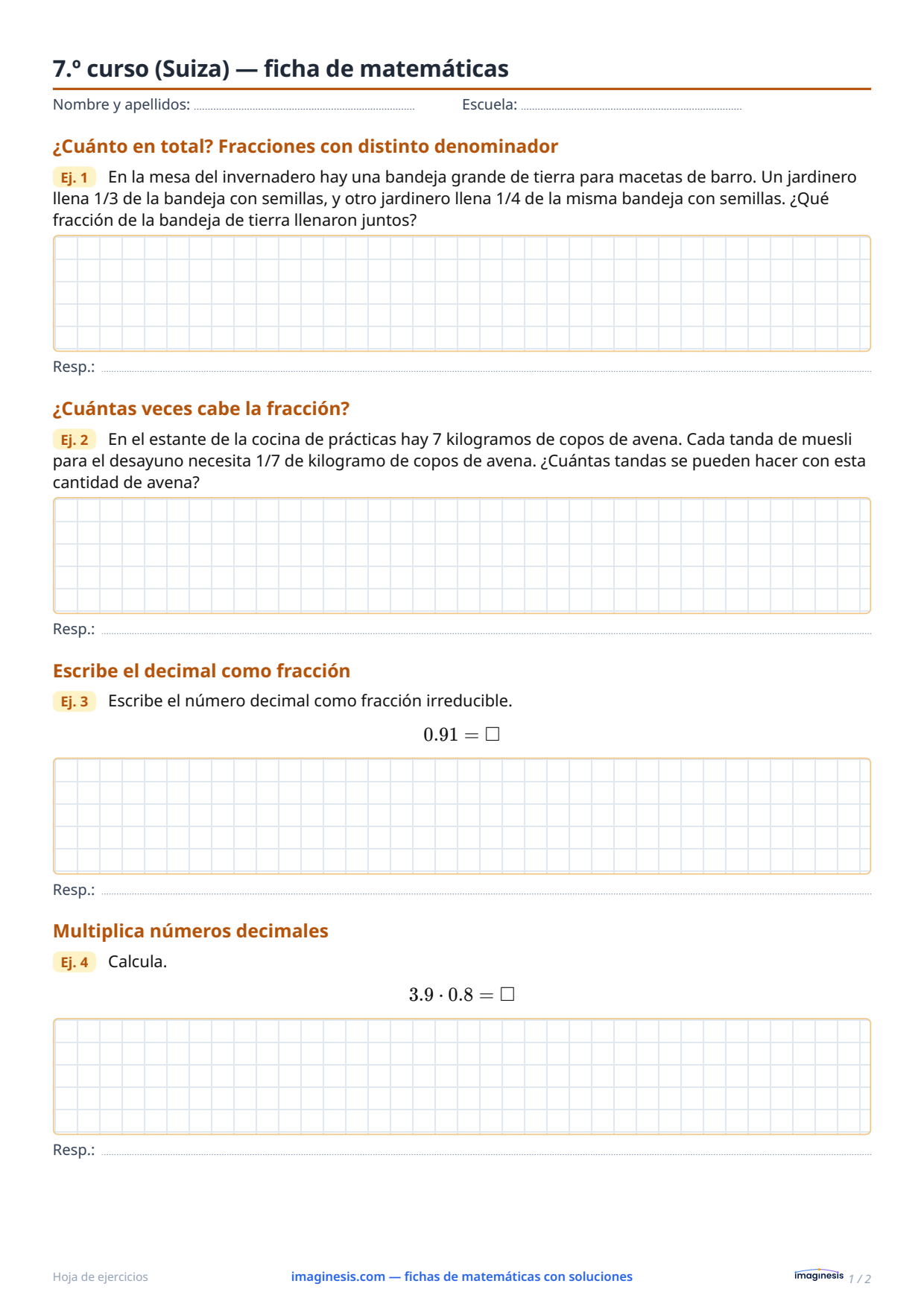 7.º curso (Suiza) — ficha de matemáticas — Ficha del alumno: ficha de matemáticas para imprimir (7.º curso, Suiza)