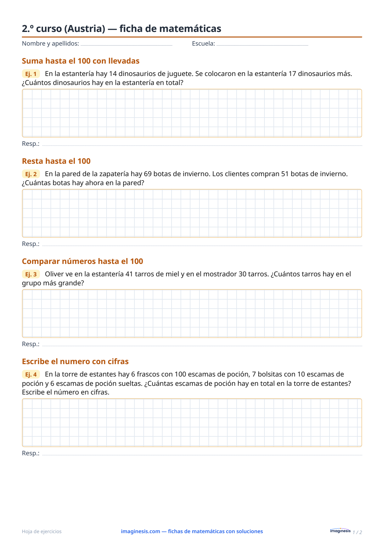 2.º curso (Austria) — ficha de matemáticas — Ficha del alumno: ficha de matemáticas para imprimir (2.º curso, Austria)