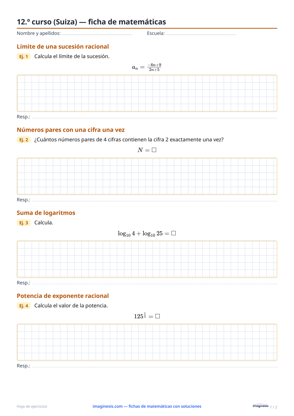 12.º curso (Suiza) — ficha de matemáticas — Ficha del alumno: ficha de matemáticas para imprimir (12.º curso, Suiza)