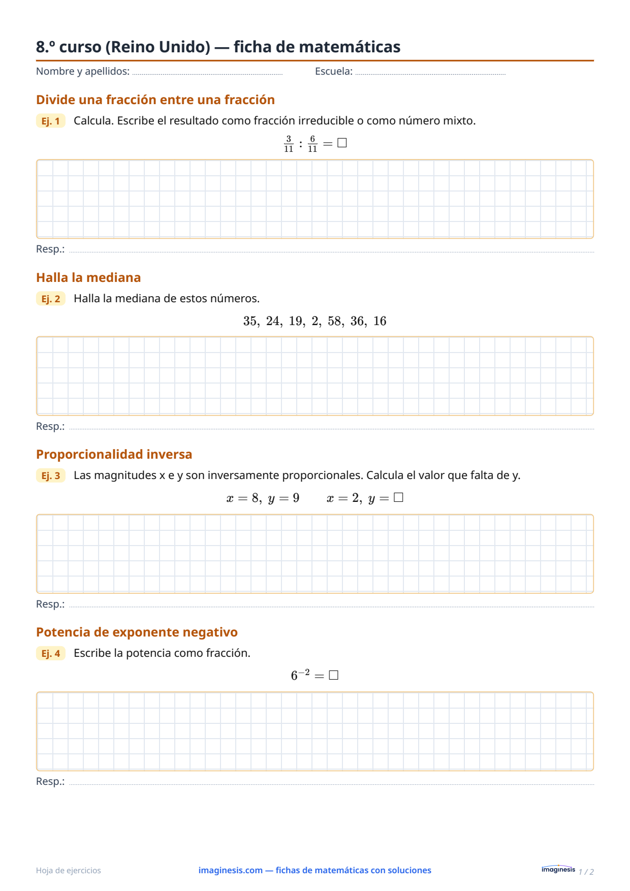 8.º curso (Reino Unido) — ficha de matemáticas — Ficha del alumno: ficha de matemáticas para imprimir (8.º curso, Reino Unido)