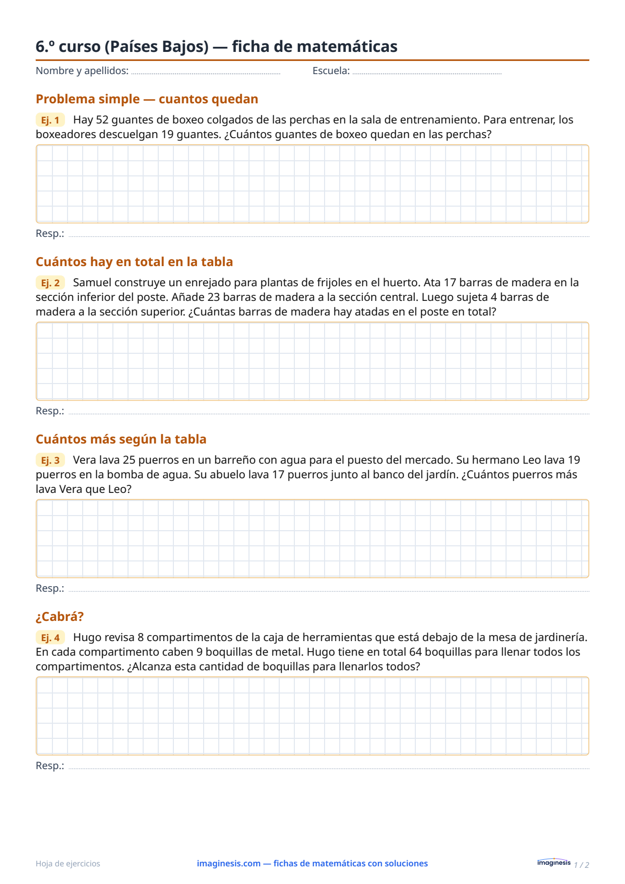 6.º curso (Países Bajos) — ficha de matemáticas — Ficha del alumno: ficha de matemáticas para imprimir (6.º curso, Países Bajos)