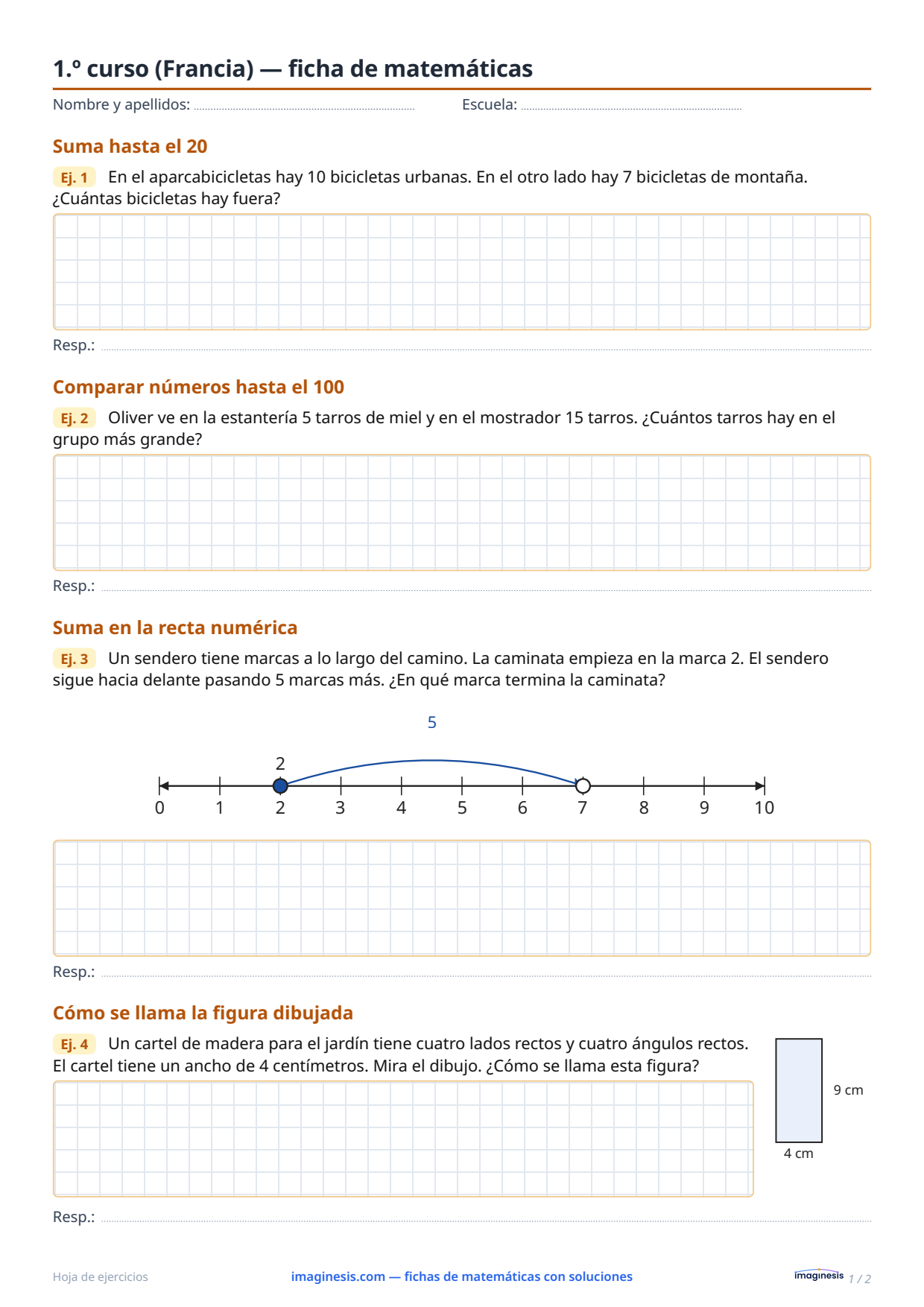 1.º curso (Francia) — ficha de matemáticas — Ficha del alumno: ficha de matemáticas para imprimir (1.º curso, Francia)