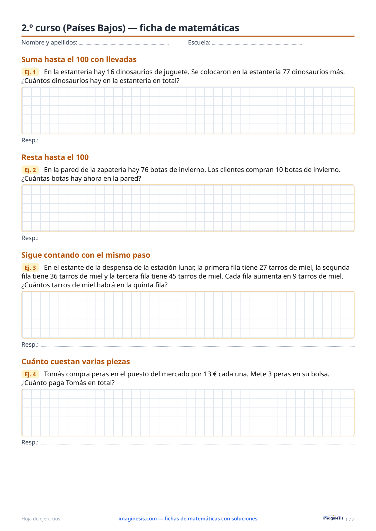 2.º curso (Países Bajos) — ficha de matemáticas — Ficha del alumno: ficha de matemáticas para imprimir (2.º curso, Países Bajos)
