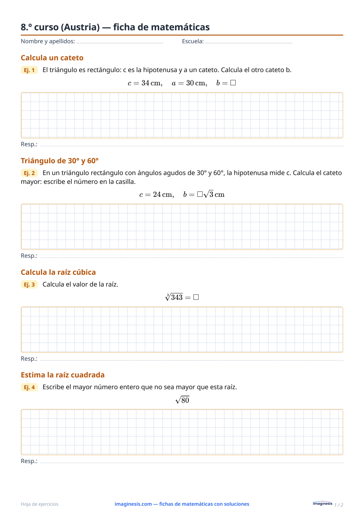 8.º curso (Austria) — ficha de matemáticas — Ficha del alumno: ficha de matemáticas para imprimir (8.º curso, Austria)