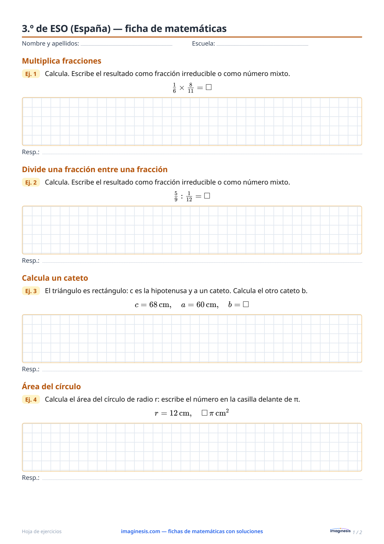 3.º de ESO (España) — ficha de matemáticas — Ficha del alumno: ficha de matemáticas para imprimir (3.º de ESO, España)