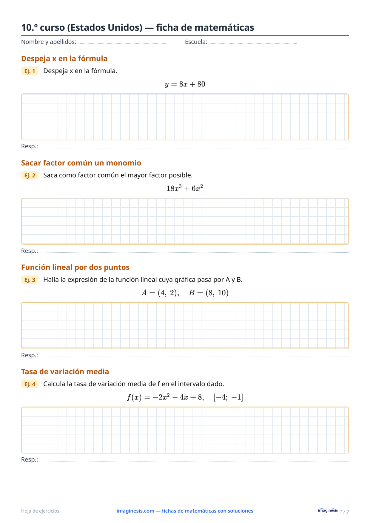 10.º curso (Estados Unidos) — ficha de matemáticas — Ficha del alumno: ficha de matemáticas para imprimir (10.º curso, Estados Unidos)