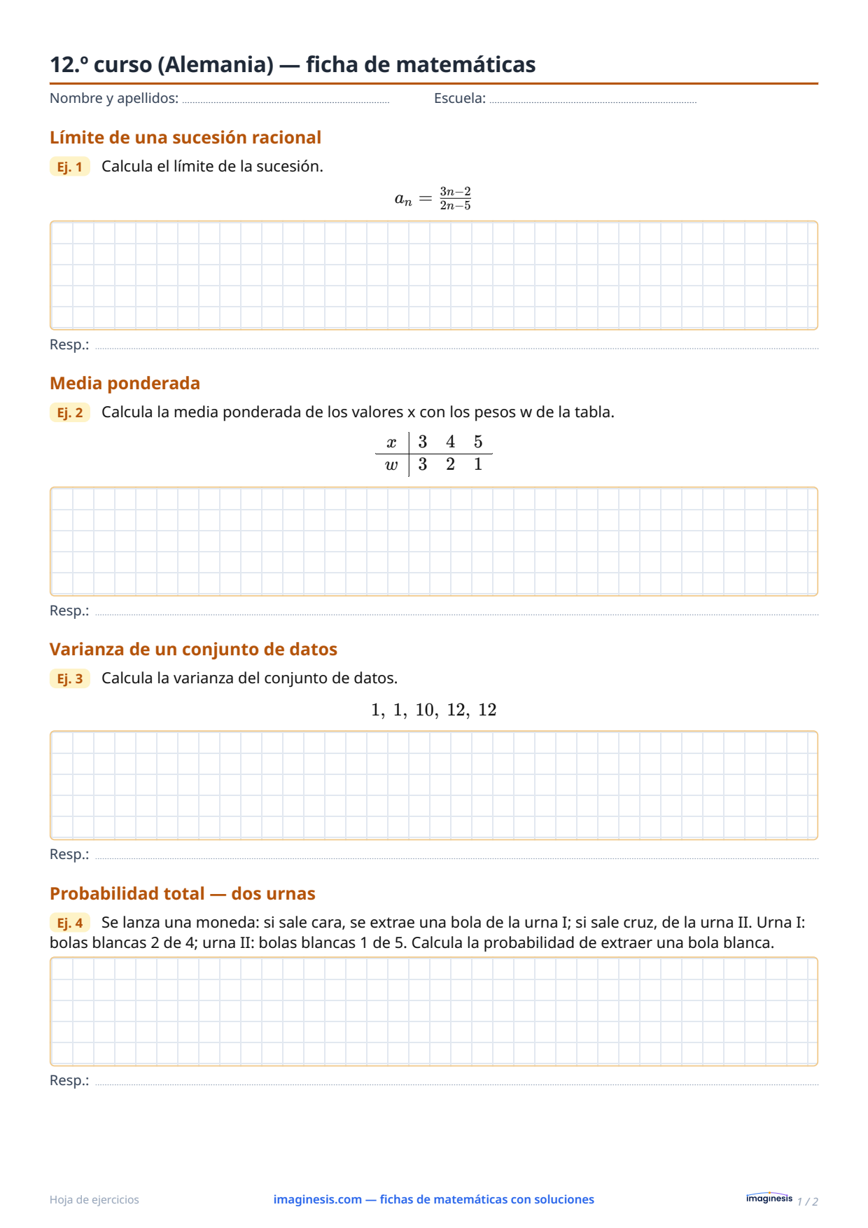 12.º curso (Alemania) — ficha de matemáticas — Ficha del alumno: ficha de matemáticas para imprimir (12.º curso, Alemania)
