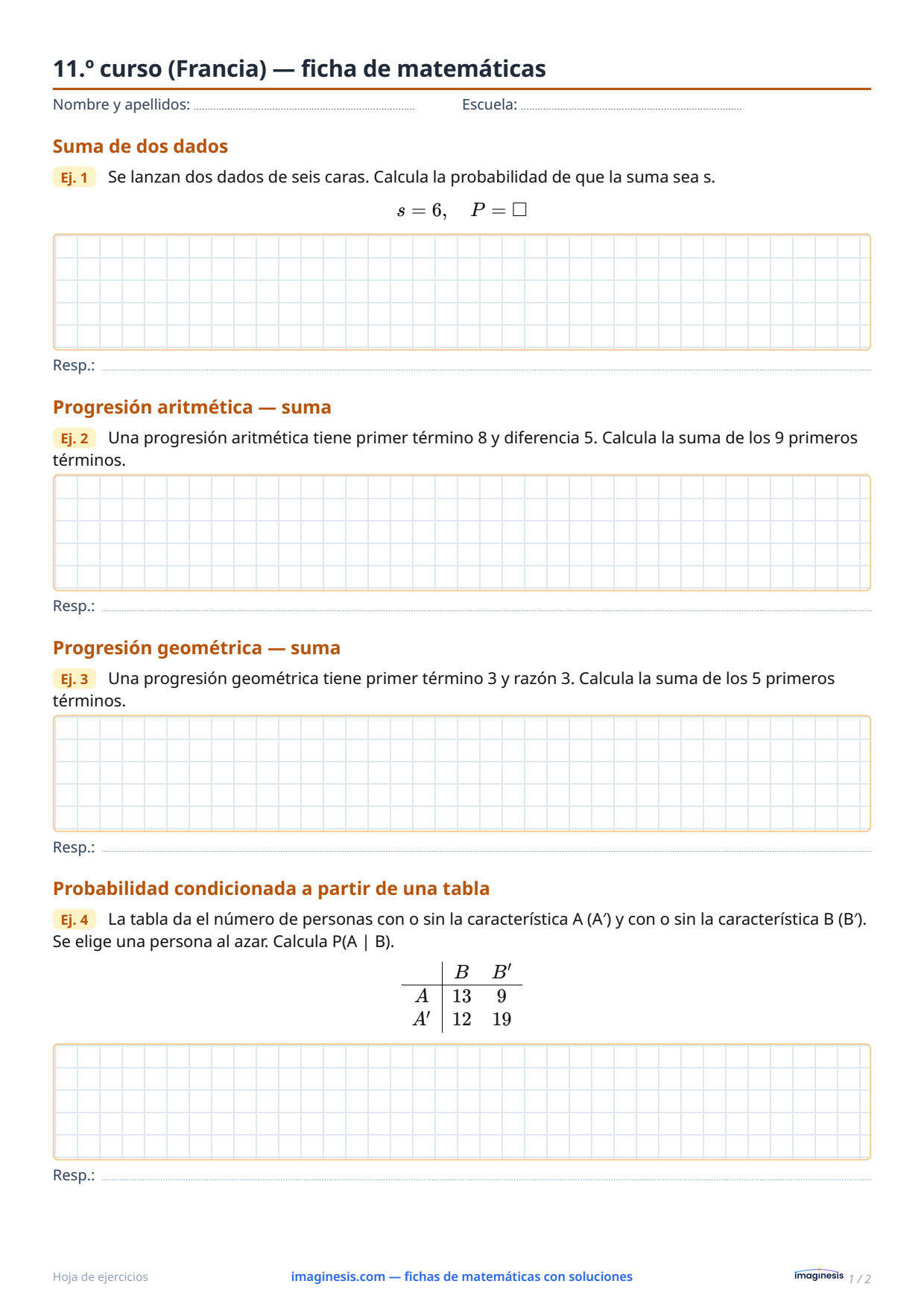 11.º curso (Francia) — ficha de matemáticas — Ficha del alumno: ficha de matemáticas para imprimir (11.º curso, Francia)