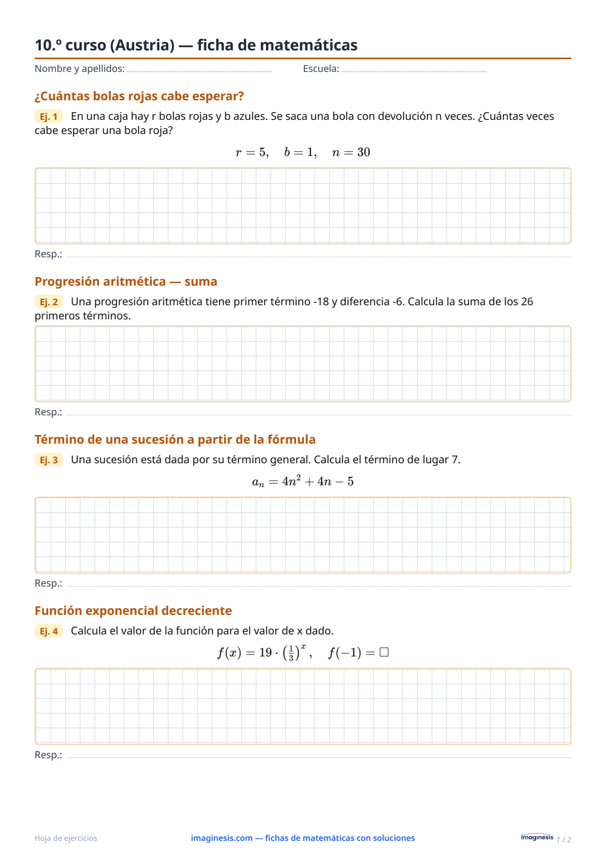 10.º curso (Austria) — ficha de matemáticas — Ficha del alumno: ficha de matemáticas para imprimir (10.º curso, Austria)