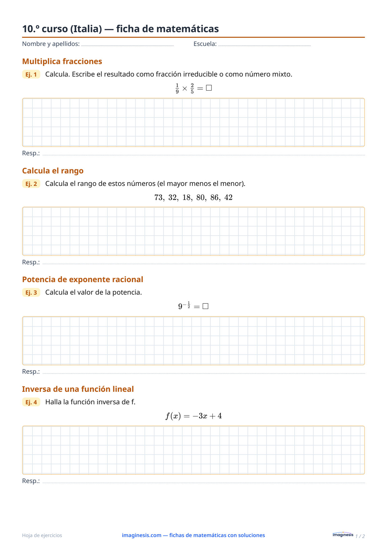 10.º curso (Italia) — ficha de matemáticas — Ficha del alumno: ficha de matemáticas para imprimir (10.º curso, Italia)
