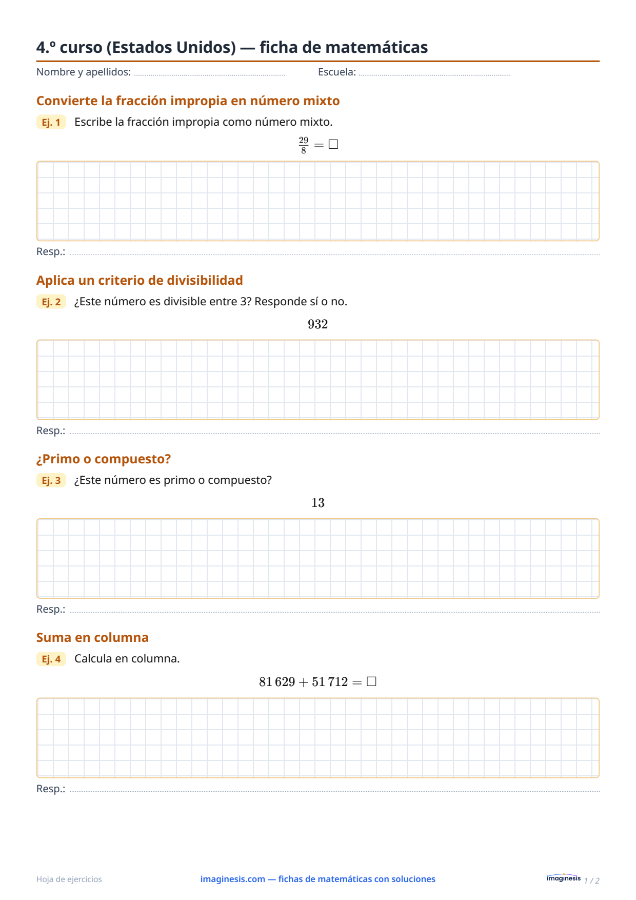 4.º curso (Estados Unidos) — ficha de matemáticas — Ficha del alumno: ficha de matemáticas para imprimir (4.º curso, Estados Unidos)