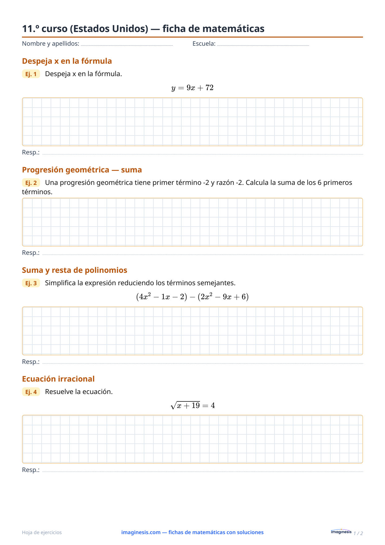 11.º curso (Estados Unidos) — ficha de matemáticas — Ficha del alumno: ficha de matemáticas para imprimir (11.º curso, Estados Unidos)