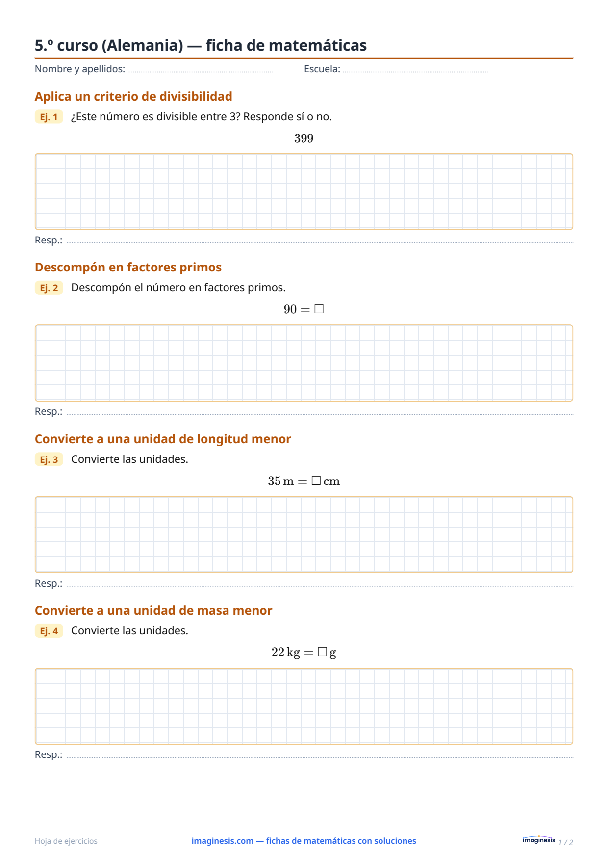 5.º curso (Alemania) — ficha de matemáticas — Ficha del alumno: ficha de matemáticas para imprimir (5.º curso, Alemania)