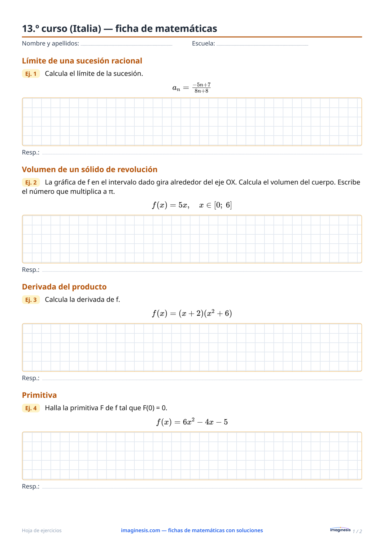 13.º curso (Italia) — ficha de matemáticas — Ficha del alumno: ficha de matemáticas para imprimir (13.º curso, Italia)