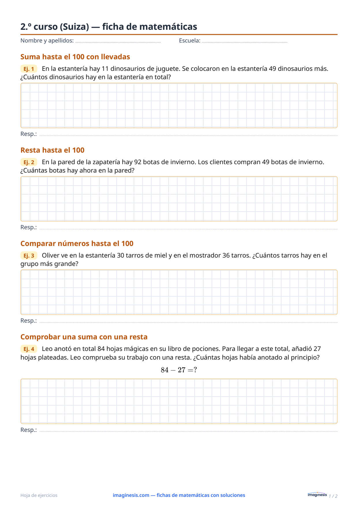 2.º curso (Suiza) — ficha de matemáticas — Ficha del alumno: ficha de matemáticas para imprimir (2.º curso, Suiza)
