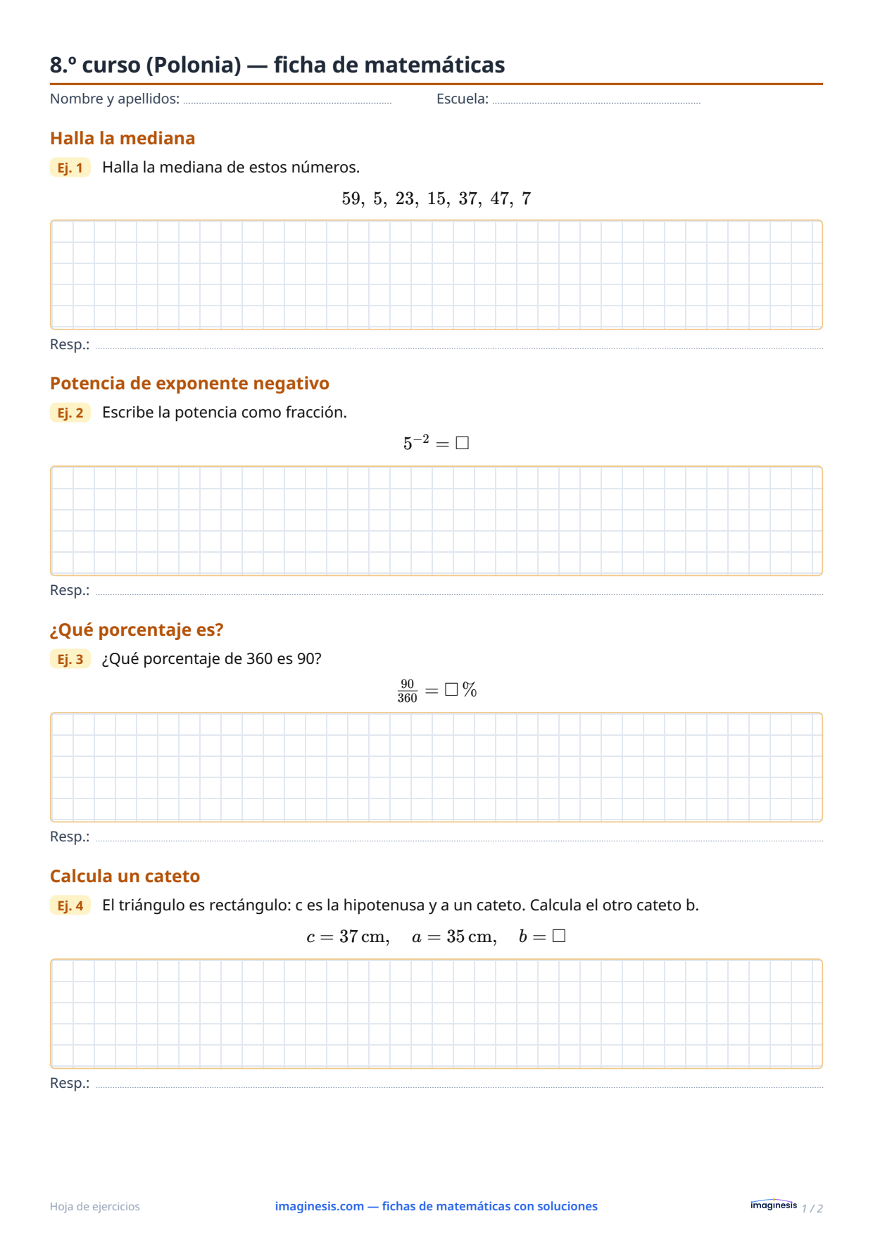 8.º curso (Polonia) — ficha de matemáticas — Ficha del alumno: ficha de matemáticas para imprimir (8.º curso, Polonia)