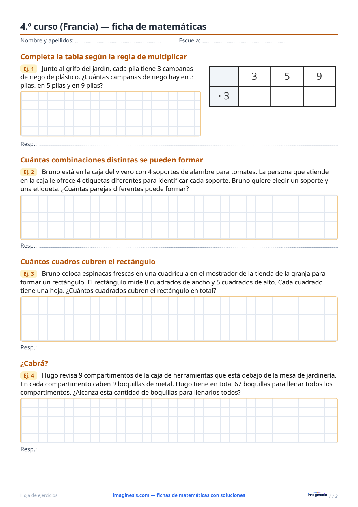 4.º curso (Francia) — ficha de matemáticas — Ficha del alumno: ficha de matemáticas para imprimir (4.º curso, Francia)
