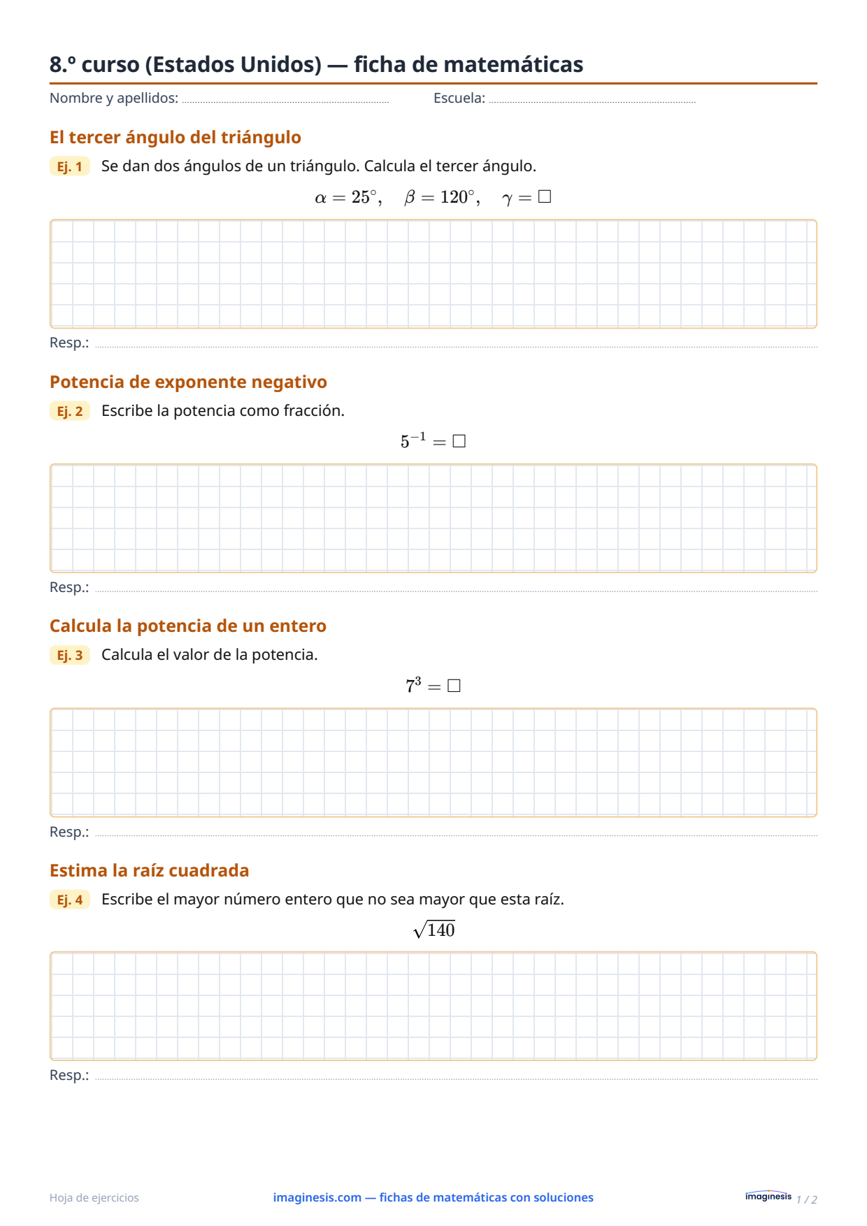 8.º curso (Estados Unidos) — ficha de matemáticas — Ficha del alumno: ficha de matemáticas para imprimir (8.º curso, Estados Unidos)