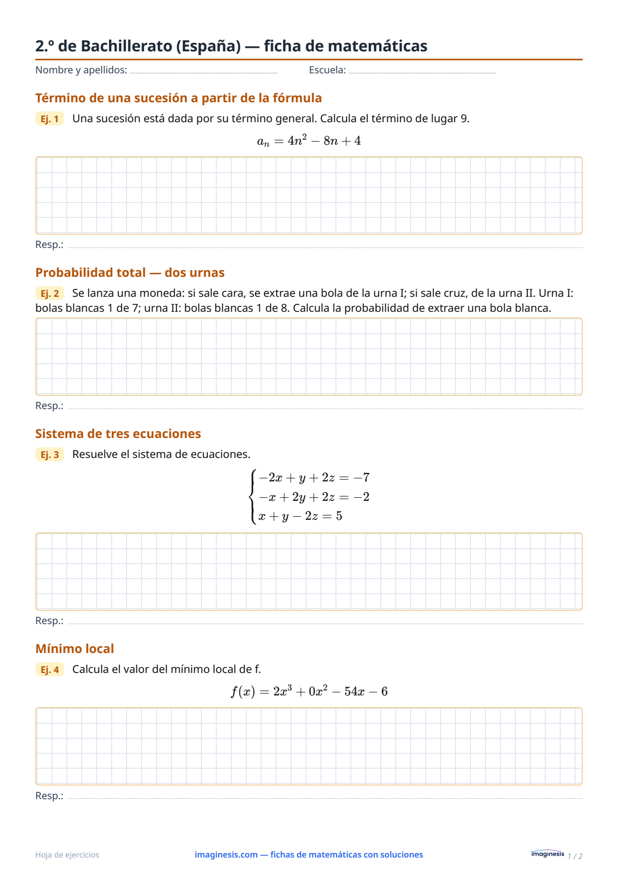 2.º de Bachillerato (España) — ficha de matemáticas — Ficha del alumno: ficha de matemáticas para imprimir (2.º de Bachillerato, España)