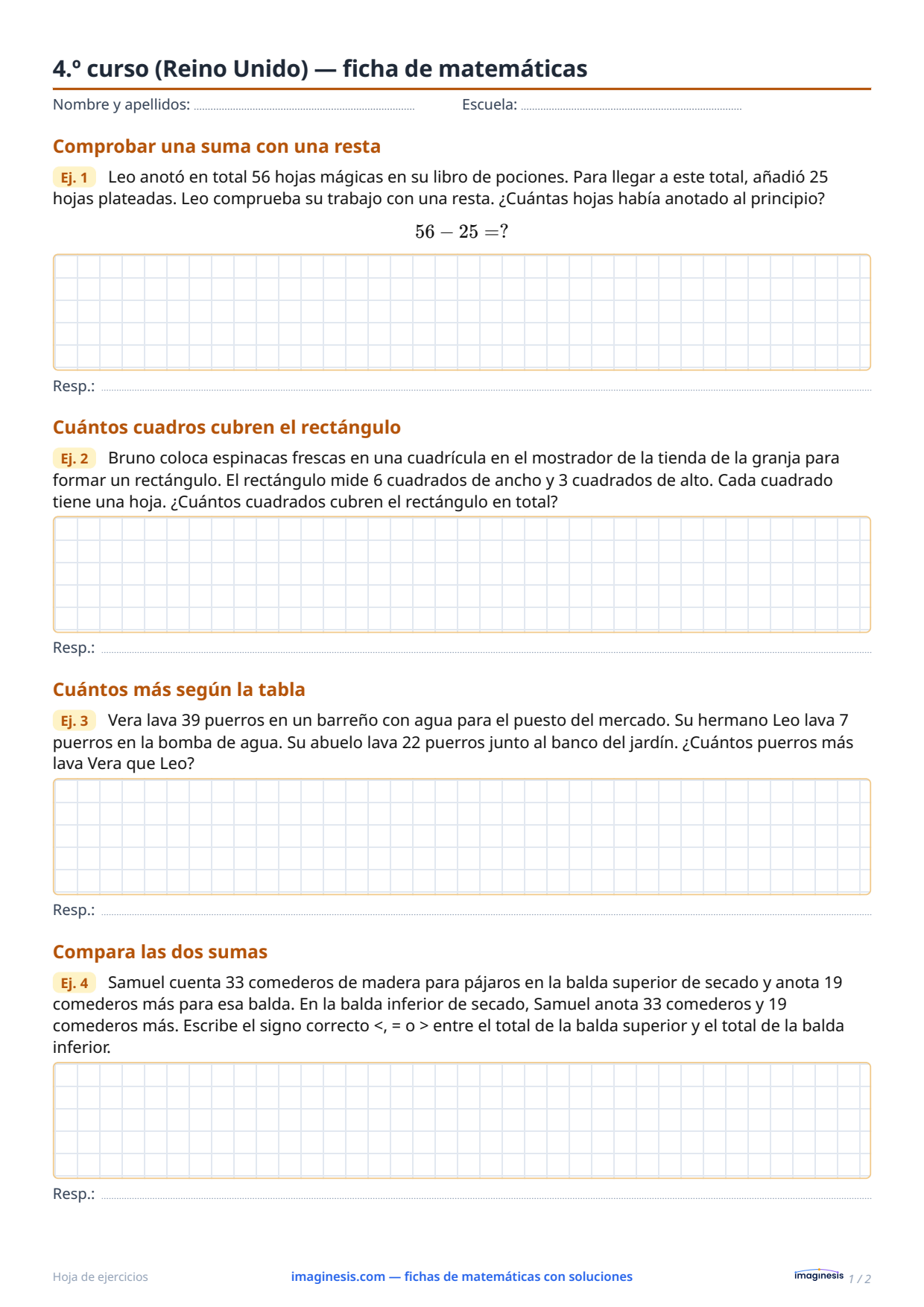 4.º curso (Reino Unido) — ficha de matemáticas — Ficha del alumno: ficha de matemáticas para imprimir (4.º curso, Reino Unido)