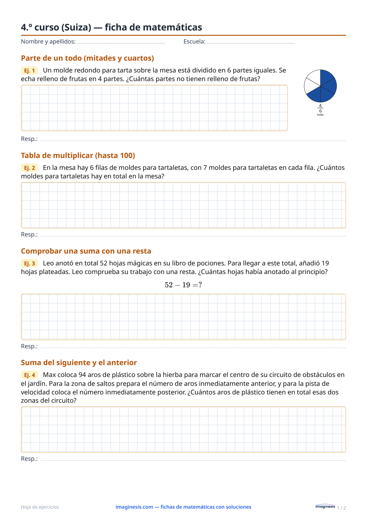 4.º curso (Suiza) — ficha de matemáticas — Ficha del alumno: ficha de matemáticas para imprimir (4.º curso, Suiza)