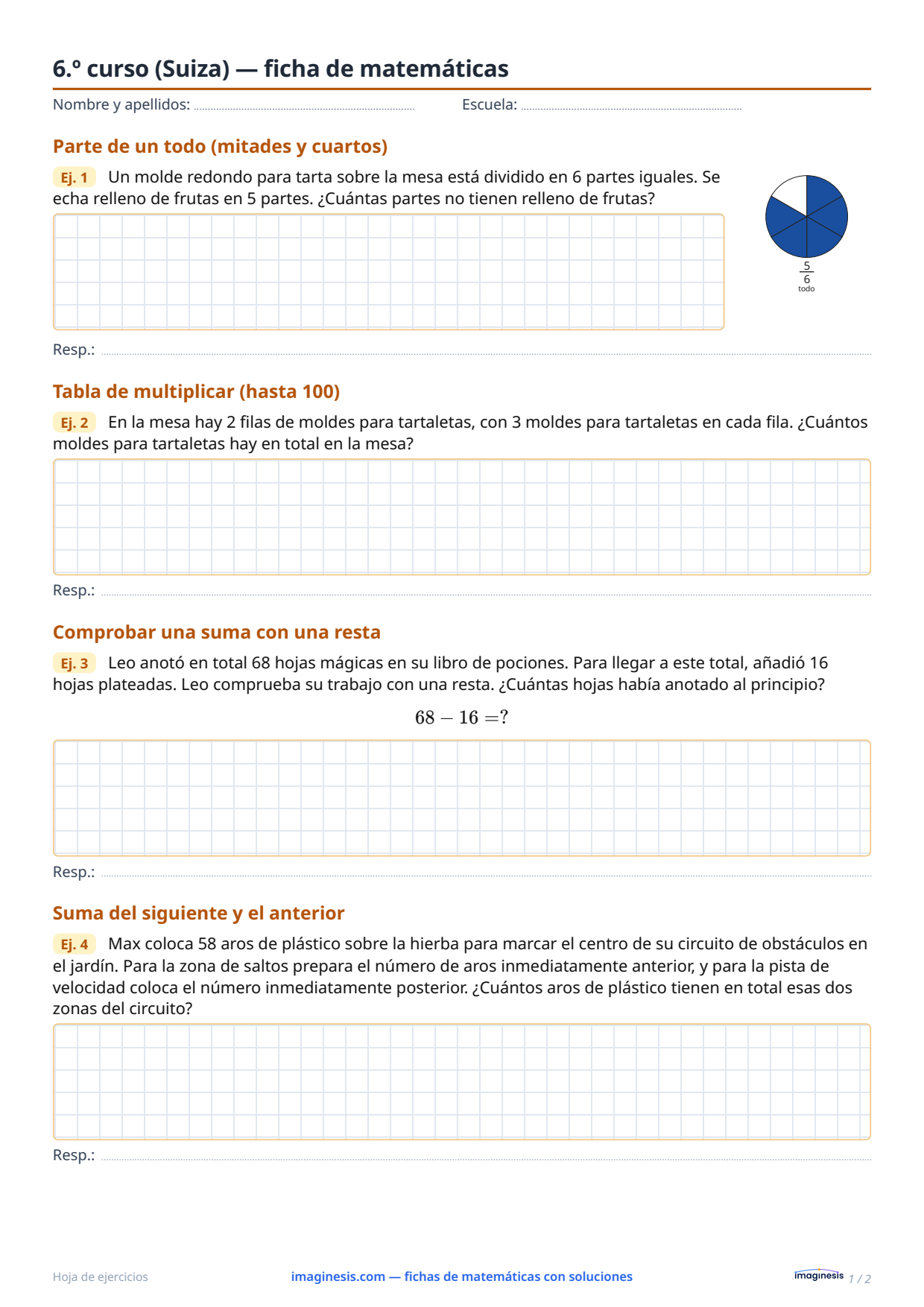 6.º curso (Suiza) — ficha de matemáticas — Ficha del alumno: ficha de matemáticas para imprimir (6.º curso, Suiza)