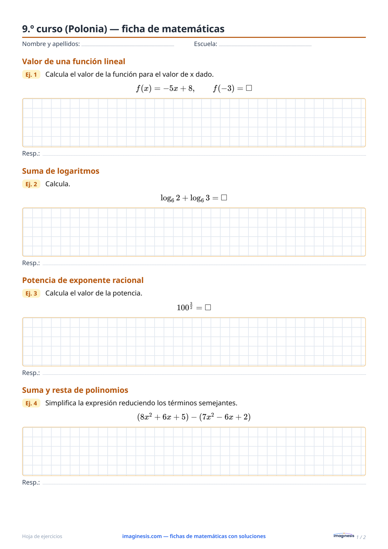 1.º curso de liceo (Polonia) — ficha de matemáticas — Ficha del alumno: ficha de matemáticas para imprimir (1.º curso de liceo, Polonia)