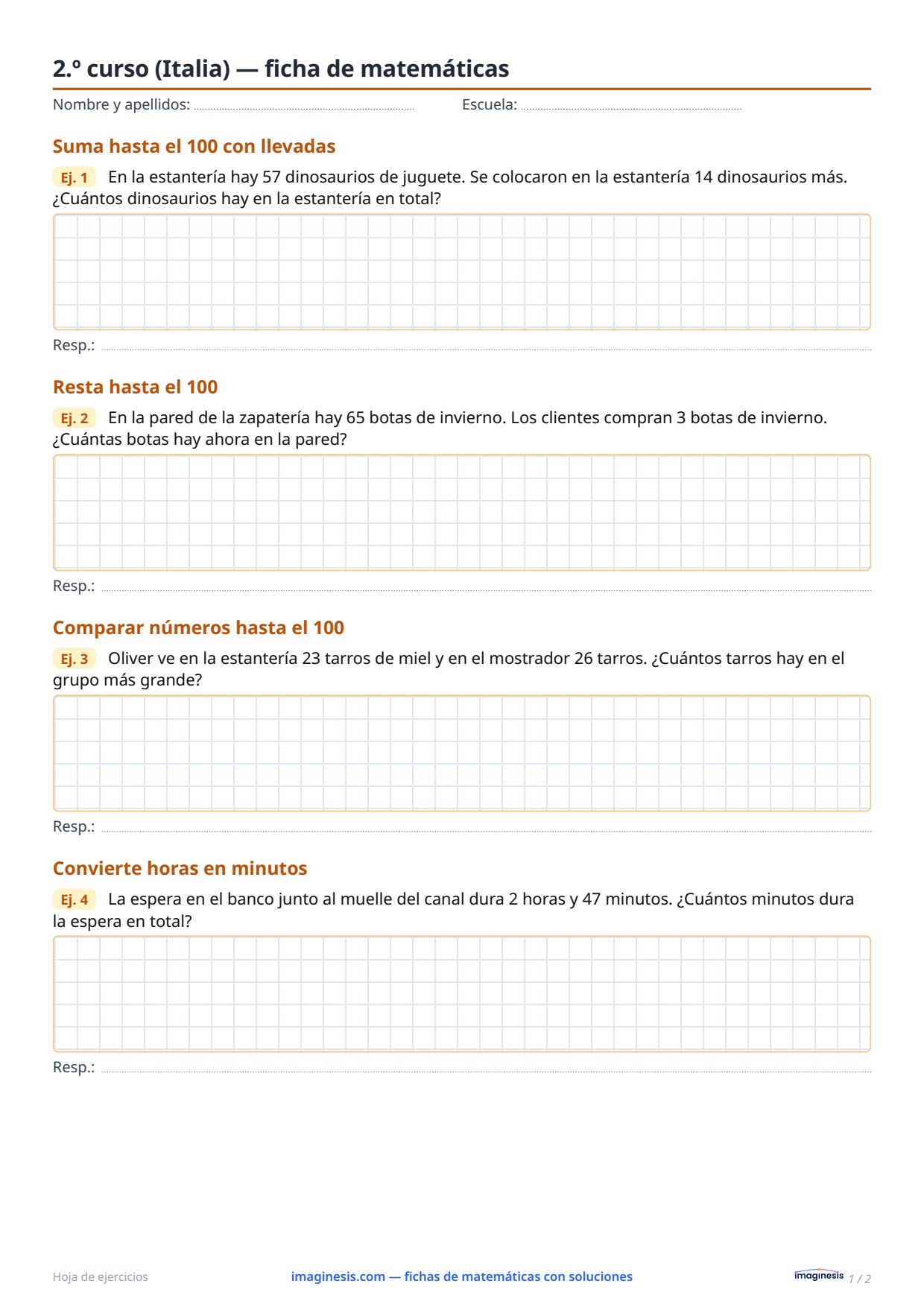 2.º curso (Italia) — ficha de matemáticas — Ficha del alumno: ficha de matemáticas para imprimir (2.º curso, Italia)