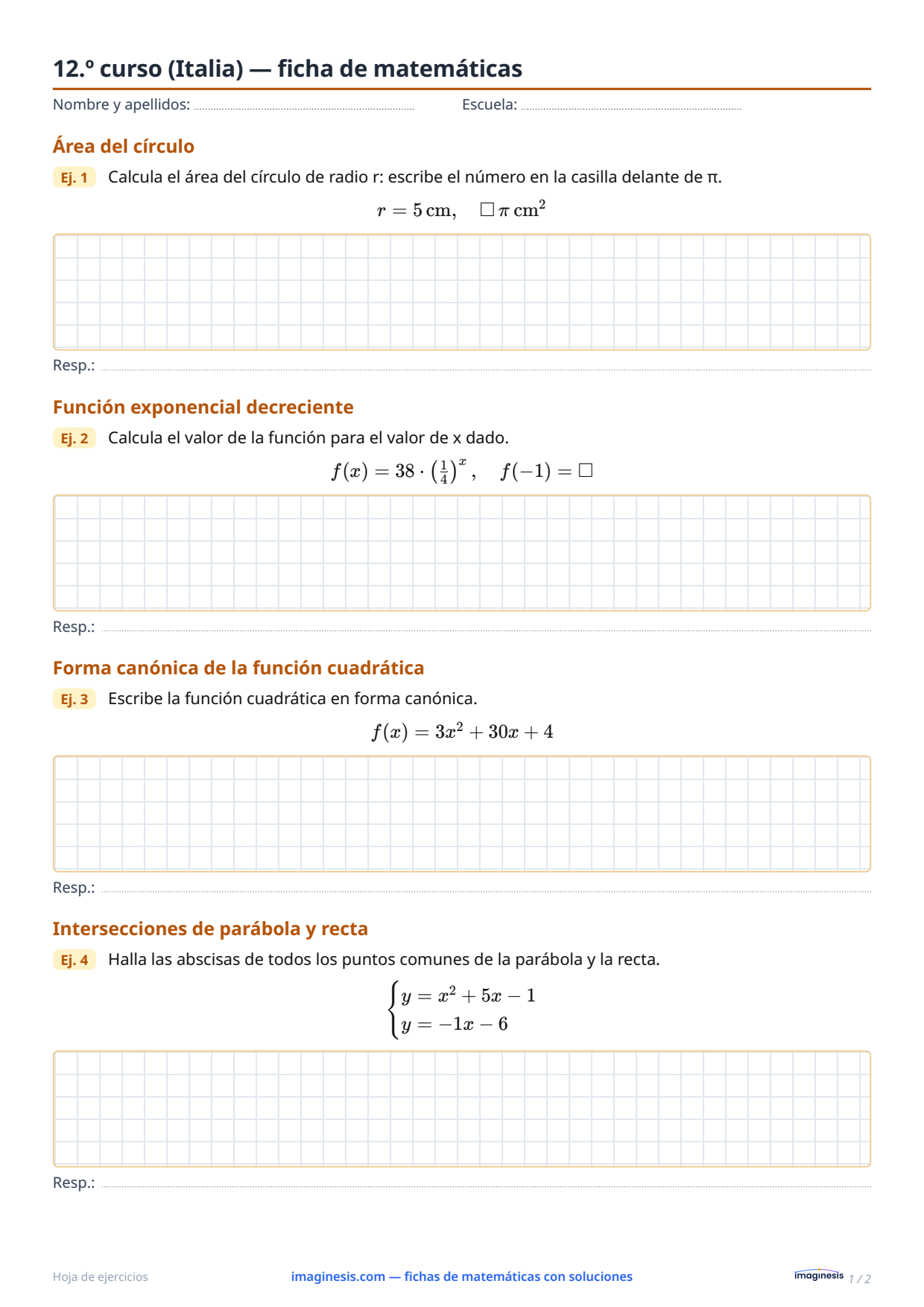 12.º curso (Italia) — ficha de matemáticas — Ficha del alumno: ficha de matemáticas para imprimir (12.º curso, Italia)