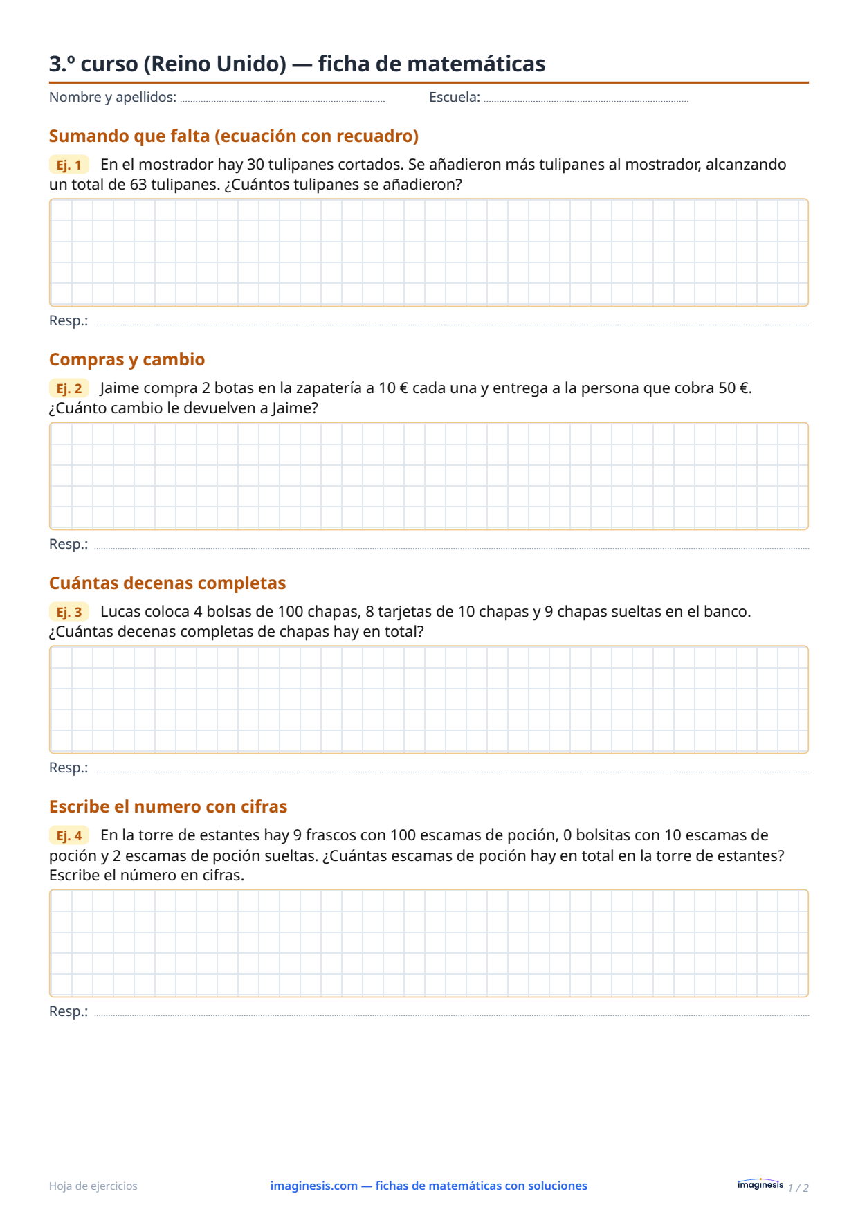 3.º curso (Reino Unido) — ficha de matemáticas — Ficha del alumno: ficha de matemáticas para imprimir (3.º curso, Reino Unido)