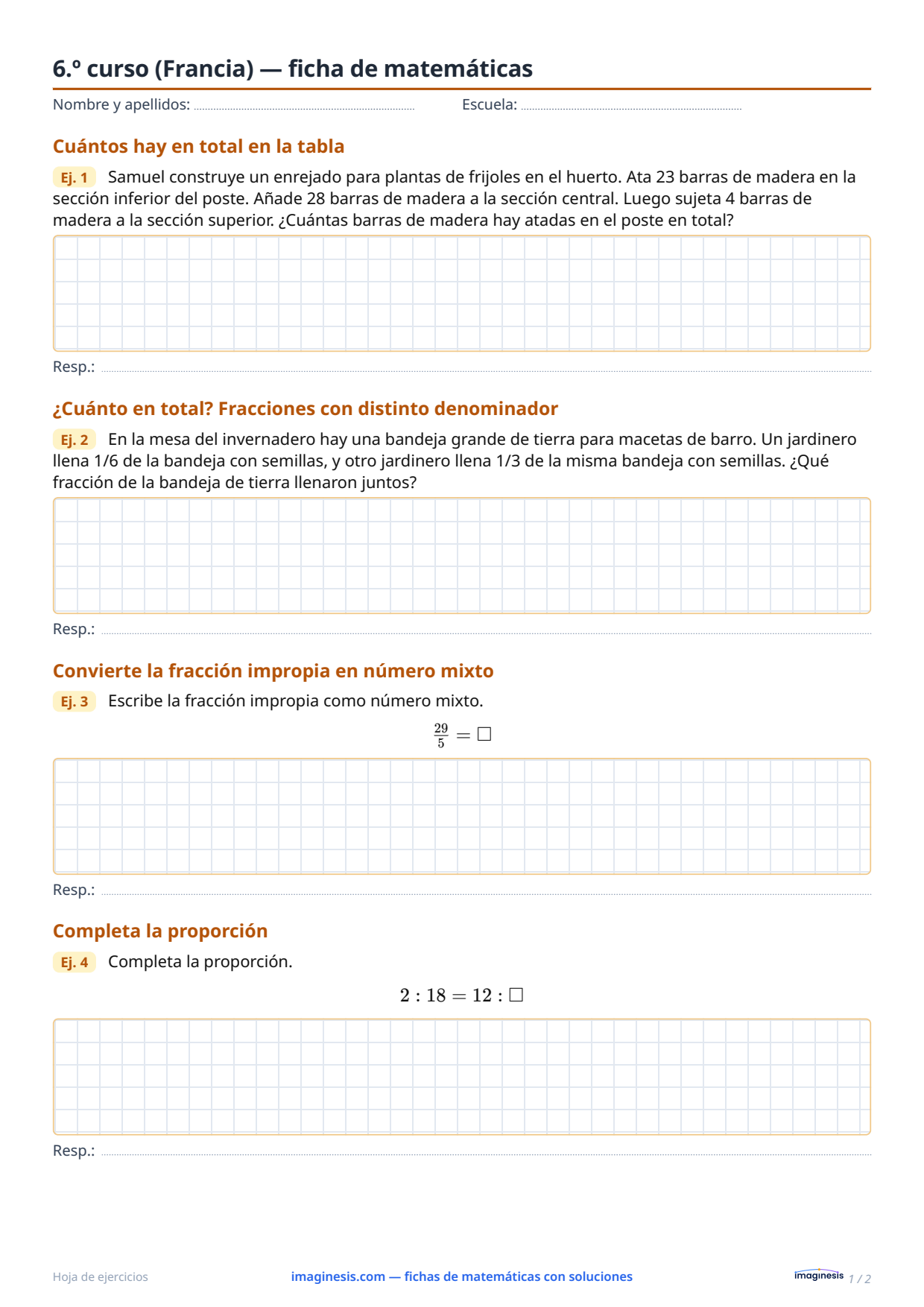 6.º curso (Francia) — ficha de matemáticas — Ficha del alumno: ficha de matemáticas para imprimir (6.º curso, Francia)