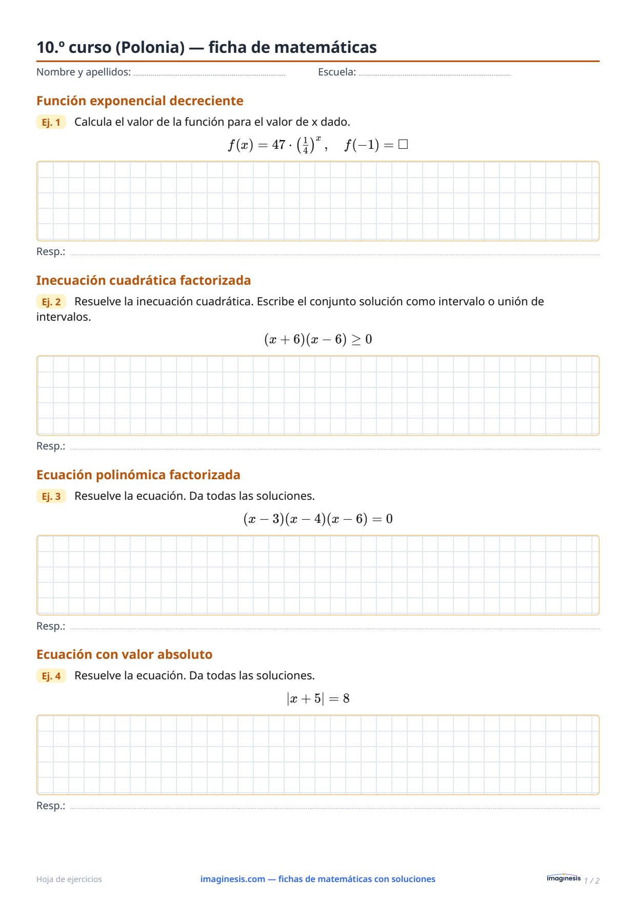 2.º curso de liceo (Polonia) — ficha de matemáticas — Ficha del alumno: ficha de matemáticas para imprimir (2.º curso de liceo, Polonia)