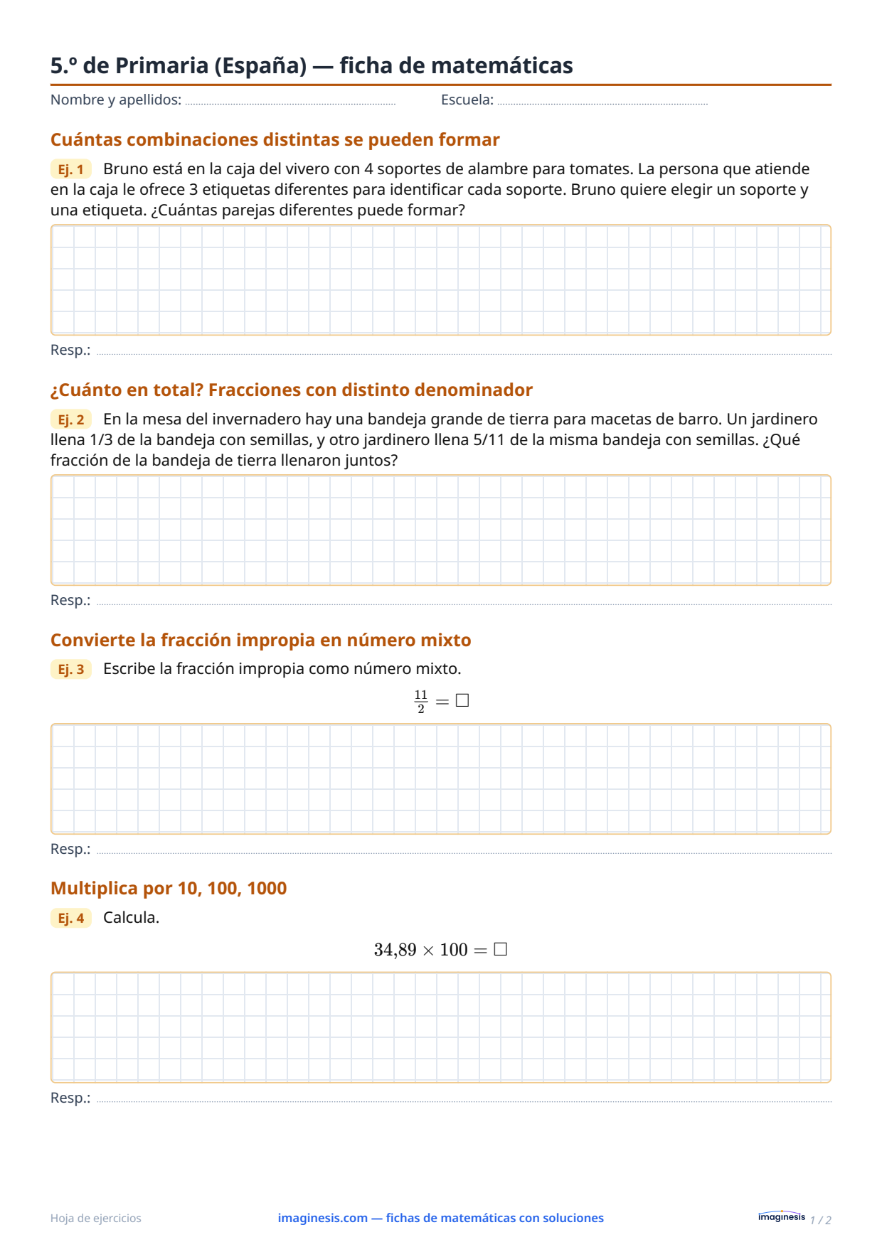 5.º de Primaria (España) — ficha de matemáticas — Ficha del alumno: ficha de matemáticas para imprimir (5.º de Primaria, España)