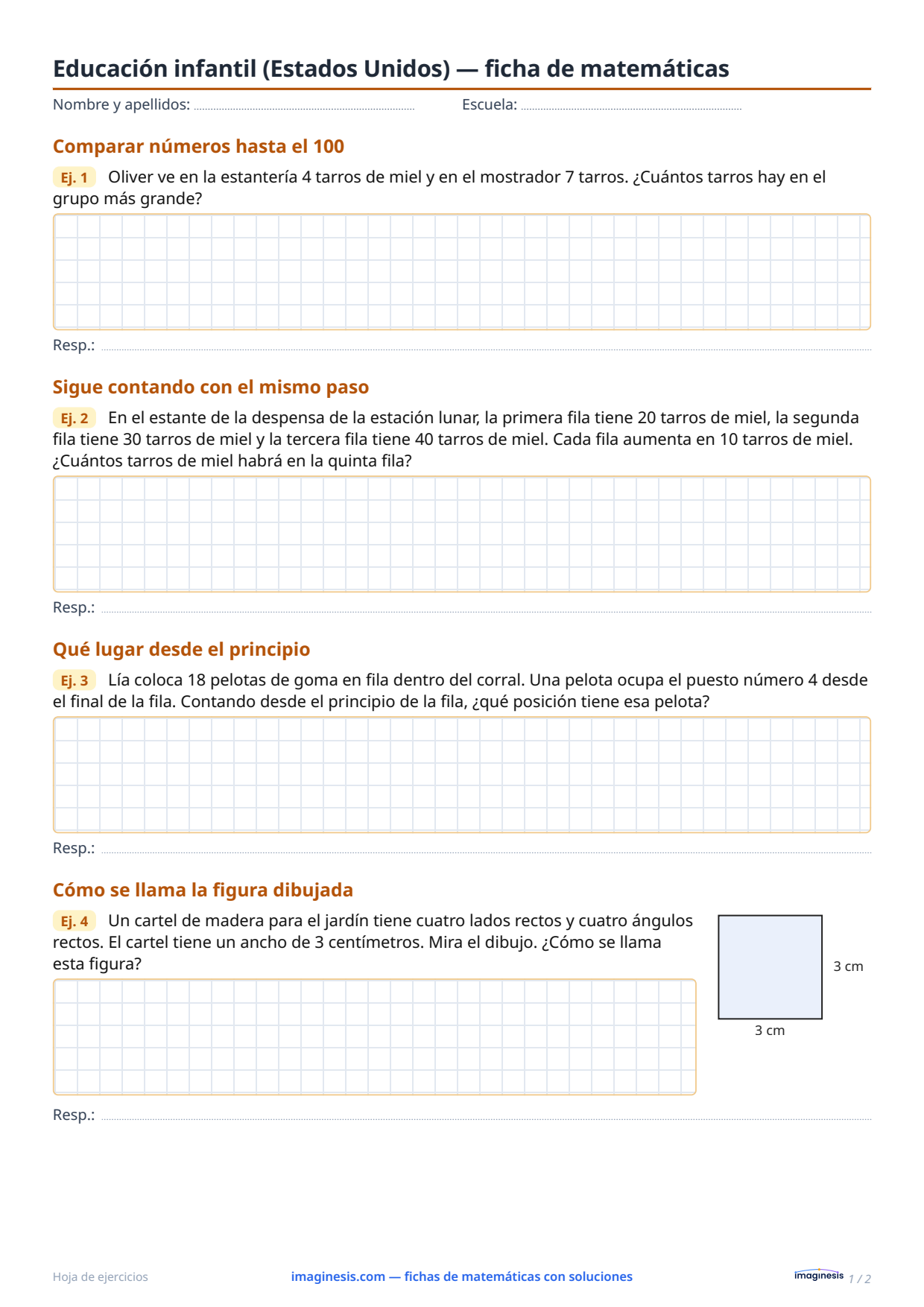 Educación infantil (Estados Unidos) — ficha de matemáticas — Ficha del alumno: ficha de matemáticas para imprimir (Educación infantil, Estados Unidos)