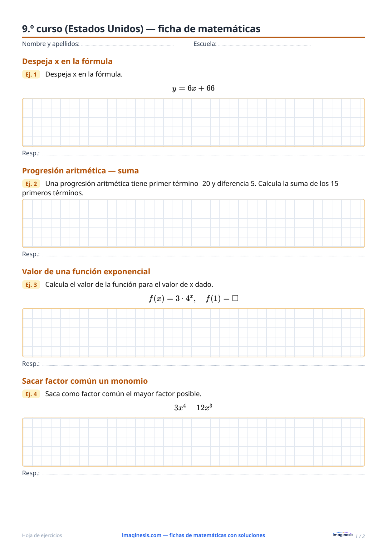 9.º curso (Estados Unidos) — ficha de matemáticas — Ficha del alumno: ficha de matemáticas para imprimir (9.º curso, Estados Unidos)