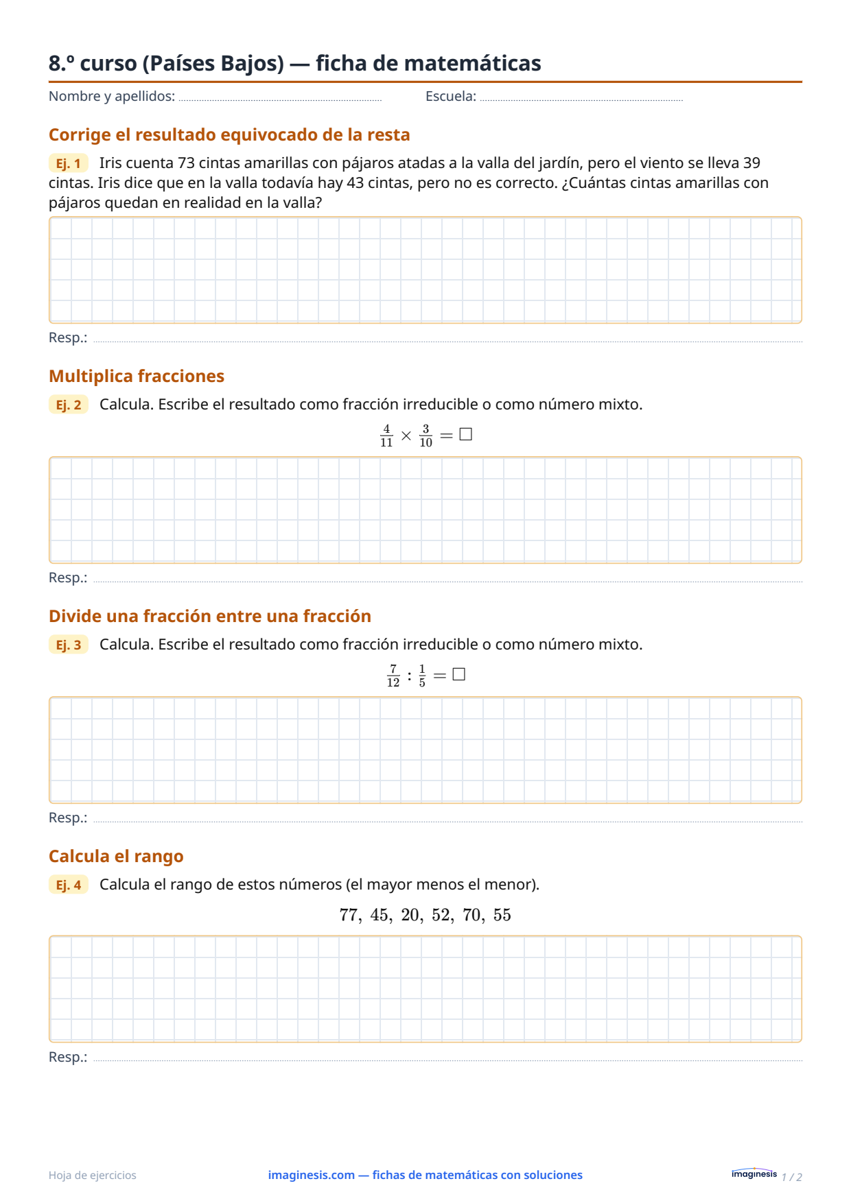 8.º curso (Países Bajos) — ficha de matemáticas — Ficha del alumno: ficha de matemáticas para imprimir (8.º curso, Países Bajos)