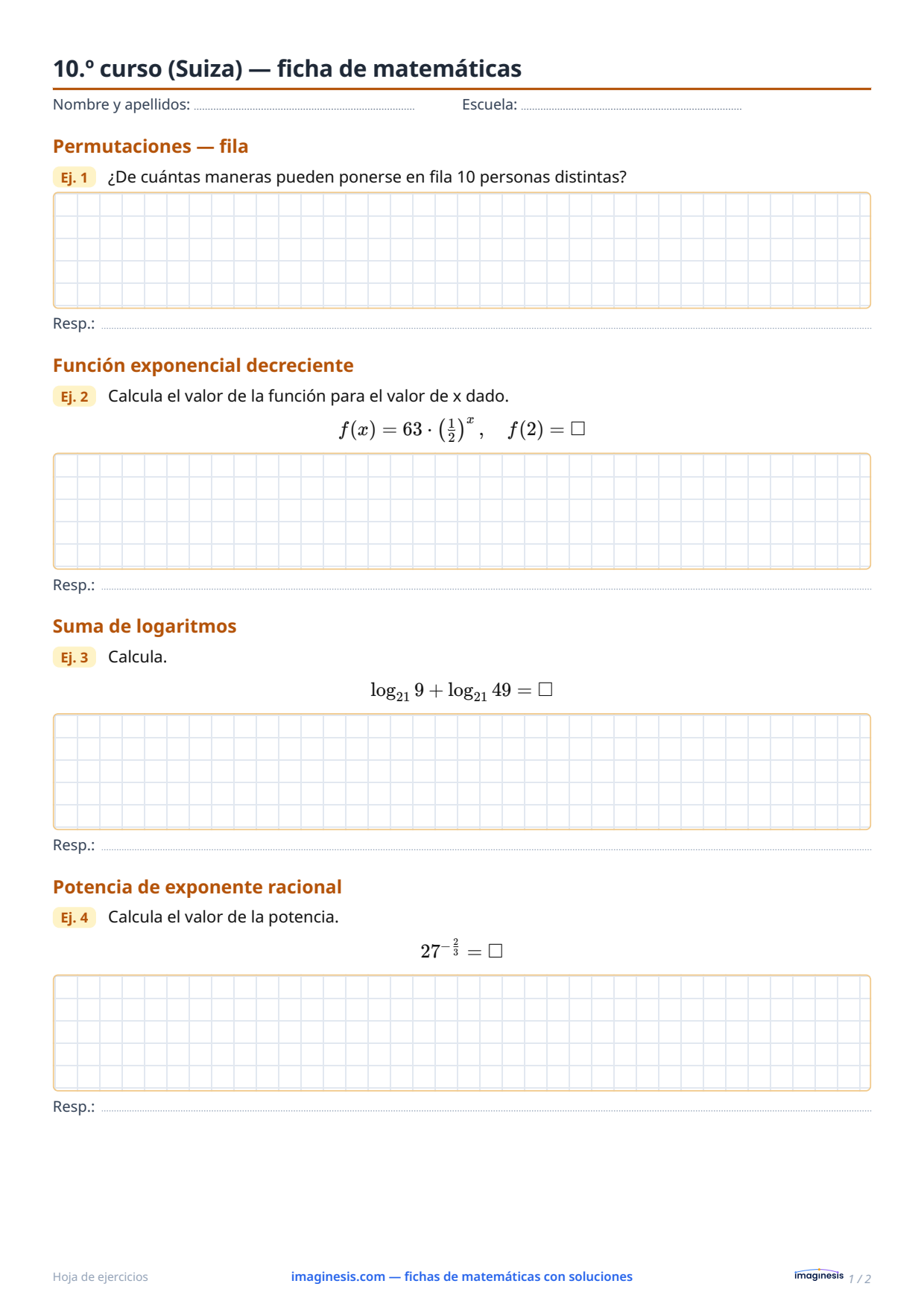 10.º curso (Suiza) — ficha de matemáticas — Ficha del alumno: ficha de matemáticas para imprimir (10.º curso, Suiza)