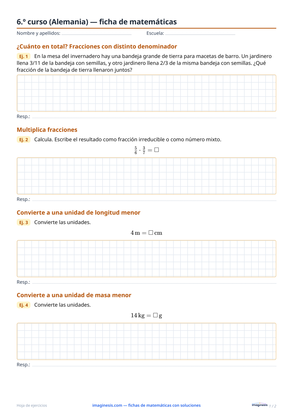 6.º curso (Alemania) — ficha de matemáticas — Ficha del alumno: ficha de matemáticas para imprimir (6.º curso, Alemania)