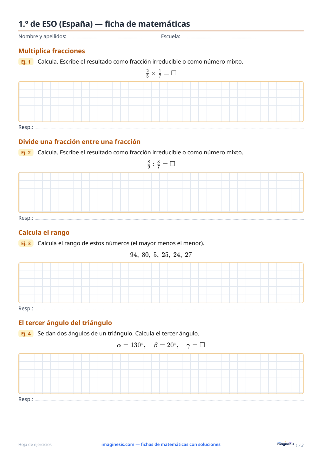 1.º de ESO (España) — ficha de matemáticas — Ficha del alumno: ficha de matemáticas para imprimir (1.º de ESO, España)